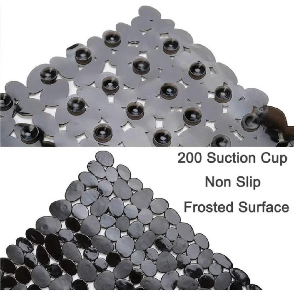 Non Slip Pebble Bathtub Mat Black Shower Mat Suction Cups Drain Holes PVC Bath
